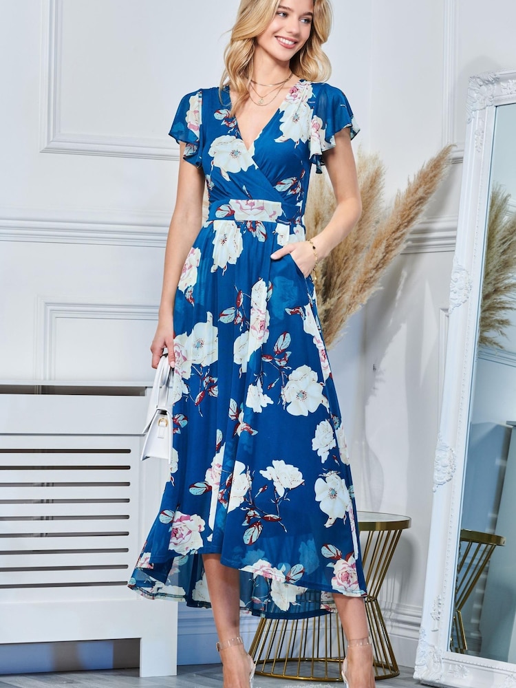 Jolie Moi Blue Dipped Hem Mesh Maxi Dress - Image 1 of 5