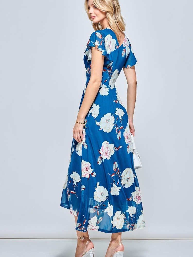 Jolie Moi Blue Dipped Hem Mesh Maxi Dress - Image 2 of 5
