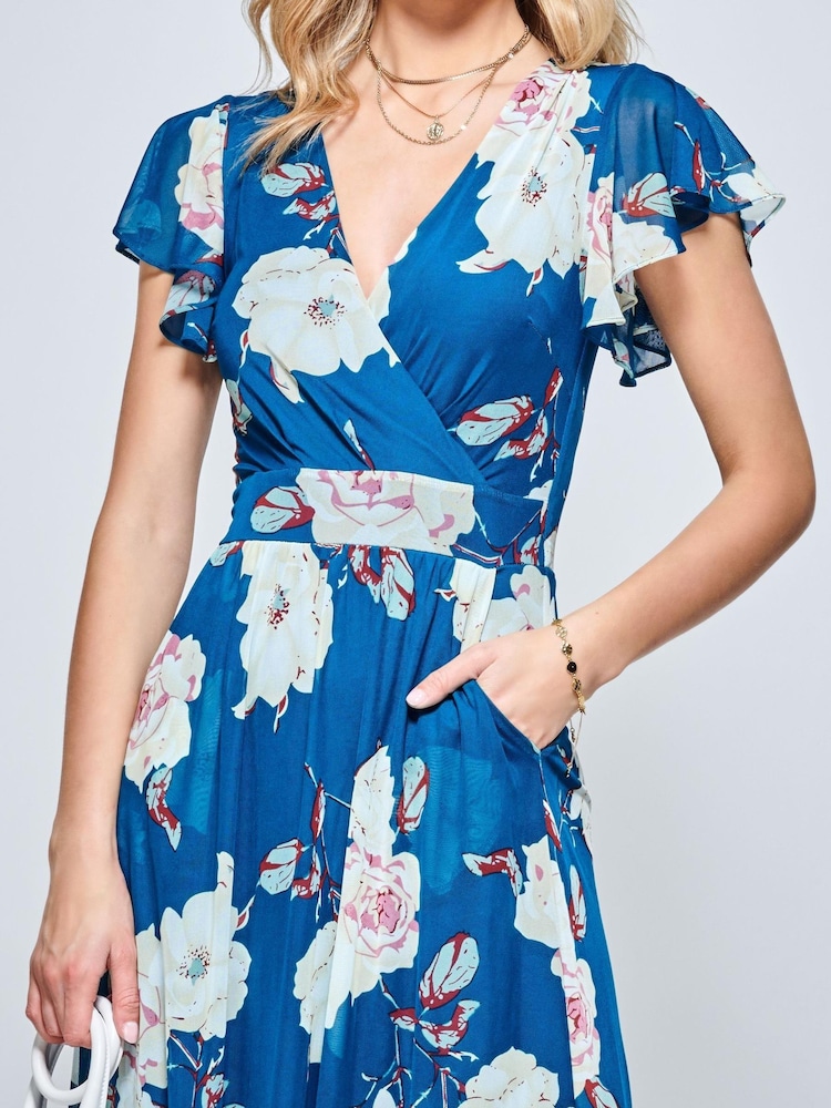 Jolie Moi Blue Dipped Hem Mesh Maxi Dress - Image 5 of 5