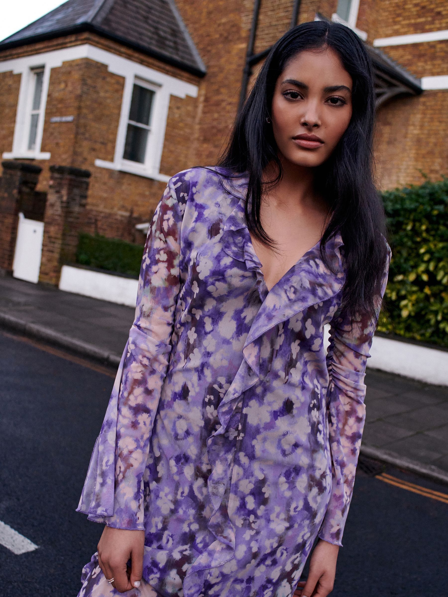 Buy Lilac Purple Long Sleeve Mesh Ruffle Maxi Dress from Next Luxembourg