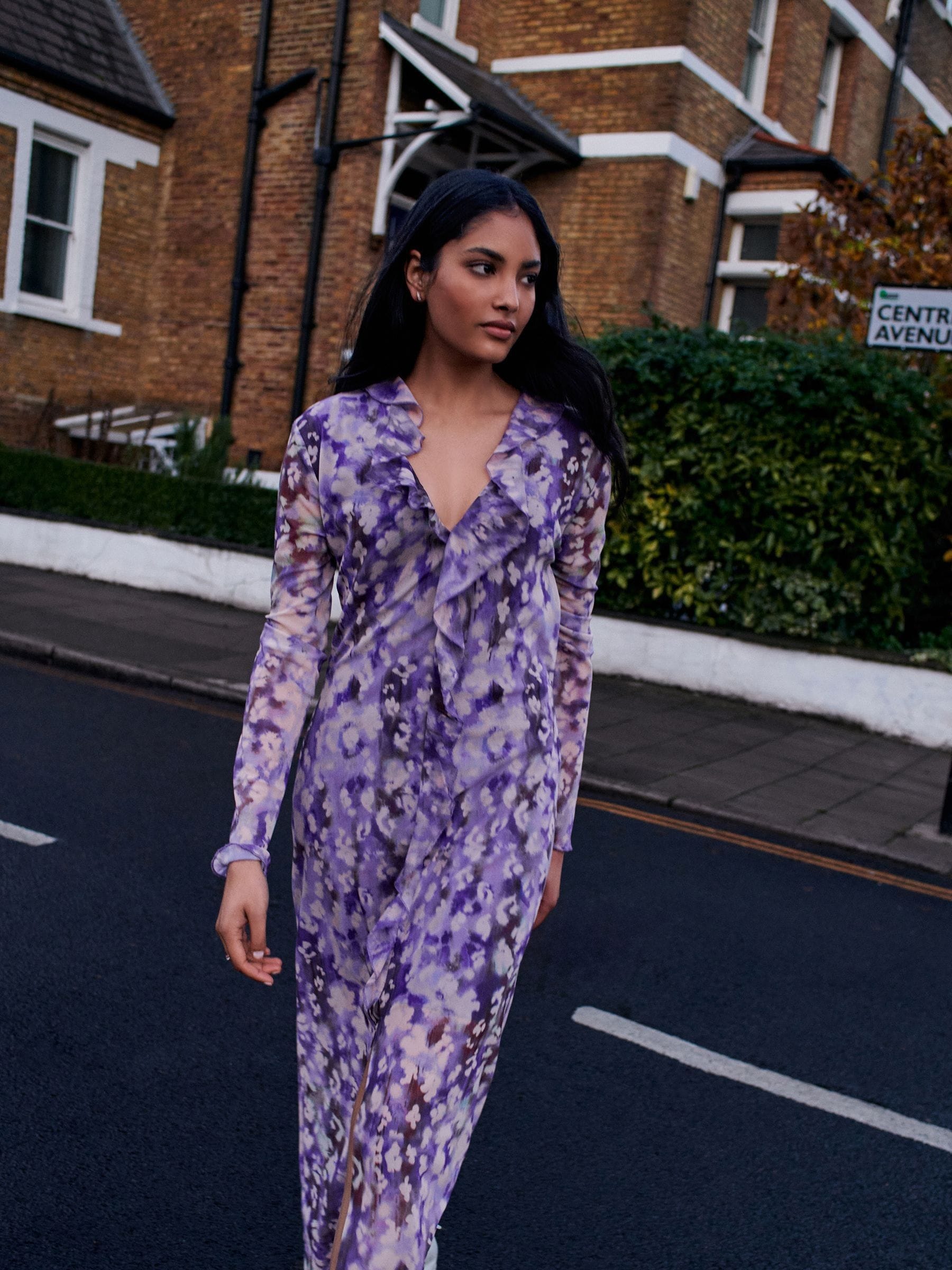 Buy Lilac Purple Long Sleeve Mesh Ruffle Maxi Dress from Next Luxembourg