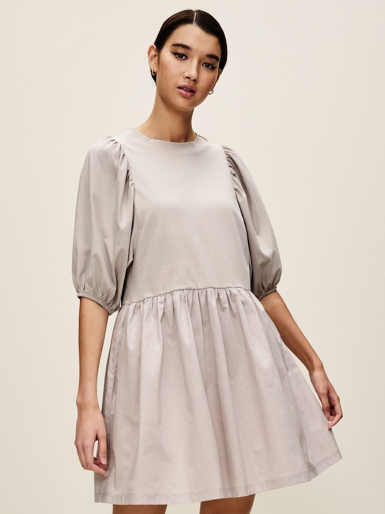 Gri - 100% Cotton Mânecă bufantă Mini Jersey Rochie - Image 1 of 6