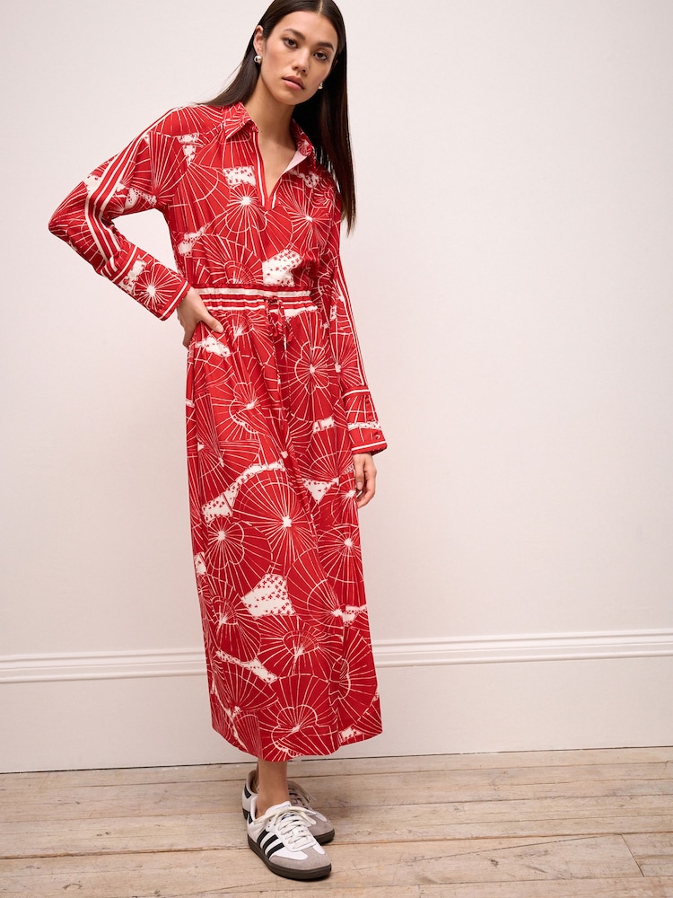 Red Umbrella Print Long Sleeve Column Midi Dress - Image 1 of 6
