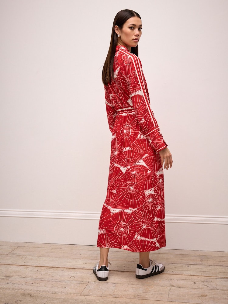 Red Umbrella Print Long Sleeve Column Midi Dress - Image 3 of 6