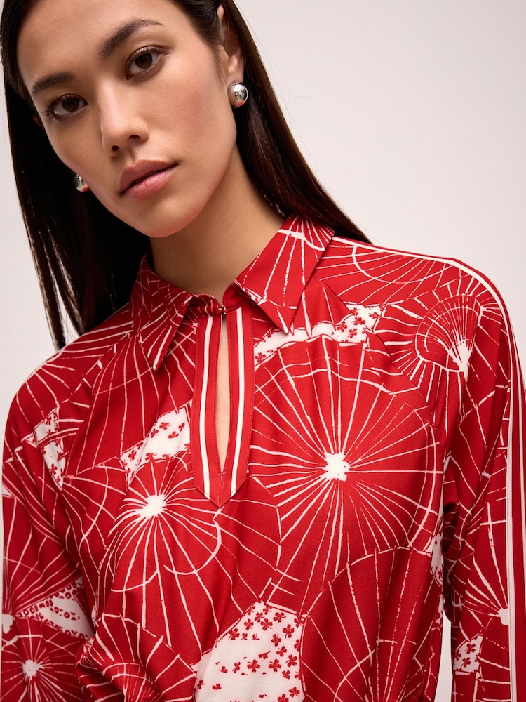 Red Umbrella Print Long Sleeve Column Midi Dress - Image 4 of 6