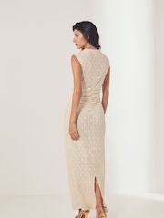 Ecru White Diamond Textured Sleeveless Ruched Maxi Dress - Image 3 of 6