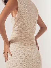 Ecru White Diamond Textured Sleeveless Ruched Maxi Dress - Image 4 of 6