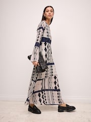 Navy and White Geo Print Long Sleeve Column Maxi Dress - Image 2 of 6