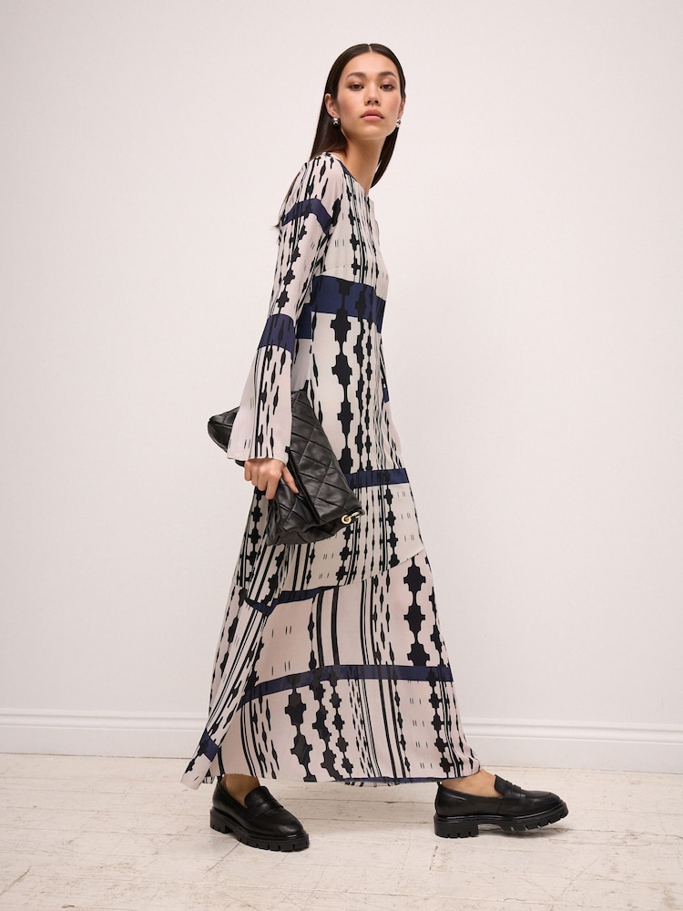 Navy and White Geo Print Long Sleeve Column Maxi Dress - Image 2 of 6