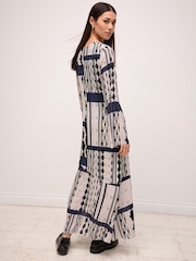 Navy and White Geo Print Long Sleeve Column Maxi Dress - Image 3 of 6