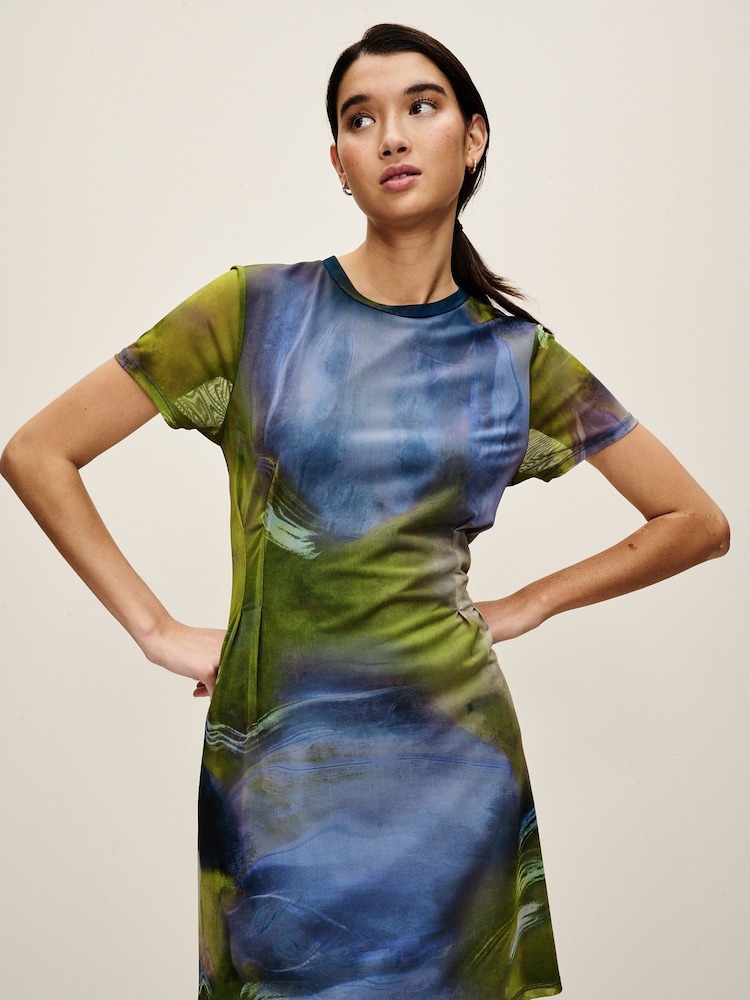Blue/Green Blur Print Mesh Corset Detail Mini Dress - Image 1 of 6