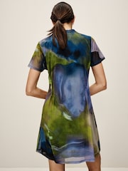 Blue/Green Blur Print Mesh Corset Detail Mini Dress - Image 3 of 6