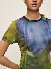 Blue/Green Blur Print Mesh Corset Detail Mini Dress - Image 4 of 6