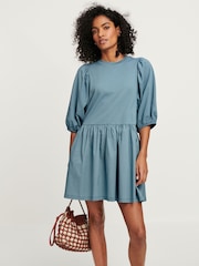 Denim Blue Puff Sleeve Mini Jersey Dress - Image 1 of 6