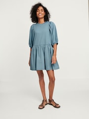 Denim Blue Puff Sleeve Mini Jersey Dress - Image 2 of 6