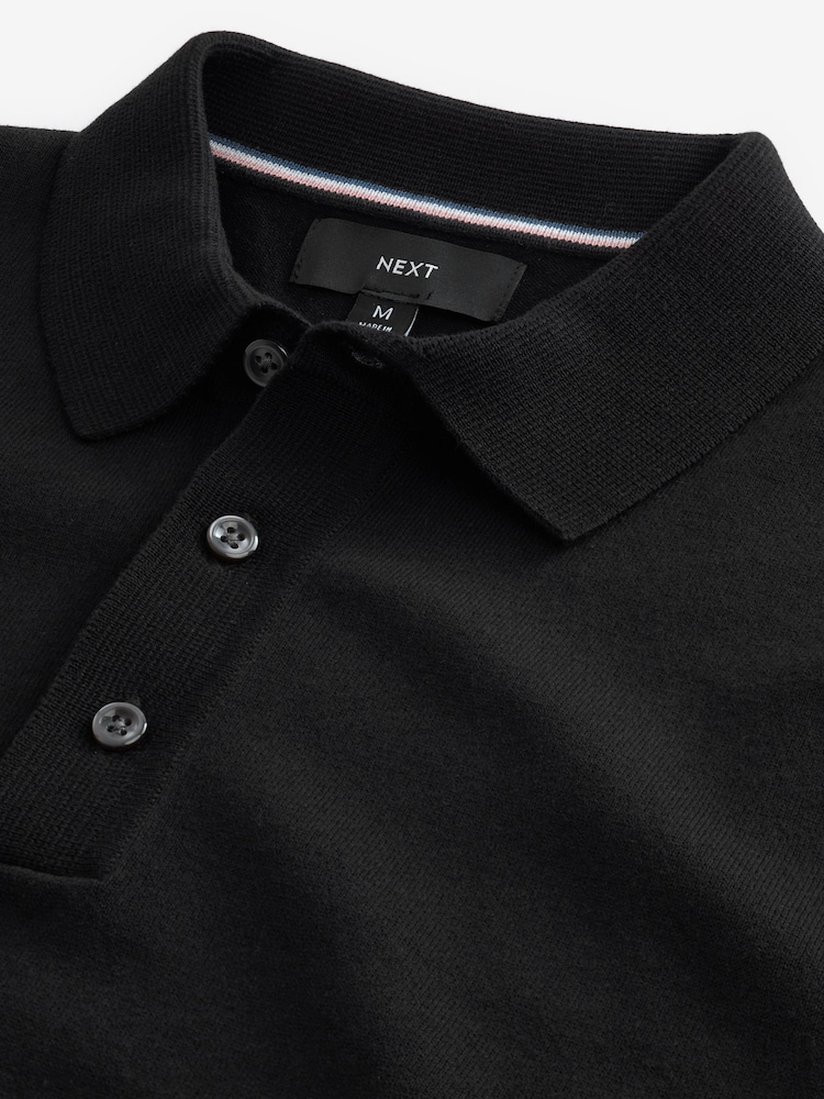 Black Slim Fit Cotton Rich Short Sleeve Knit Polo Shirt - Image 3 of 4