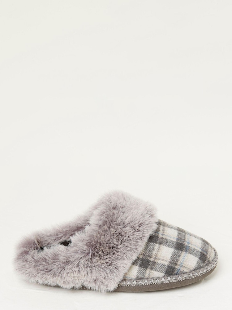 FatFace Grey Maia Check Mule Slippers - Image 1 of 4