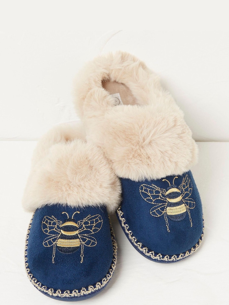 FatFace Blue Maia Bee Embroidery Mule Slippers - Image 2 of 4 FatFace Blue Maia Bee Embroidery Mule Slippers - Image 2 of 4