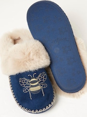 FatFace Blue Maia Bee Embroidery Mule Slippers - Image 3 of 4