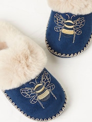 FatFace Blue Maia Bee Embroidery Mule Slippers - Image 4 of 4