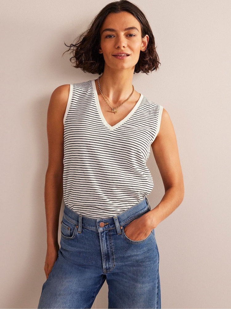 Boden Cream Regular V-Neck Slub 100% Cotton Vest - Image 1 of 5