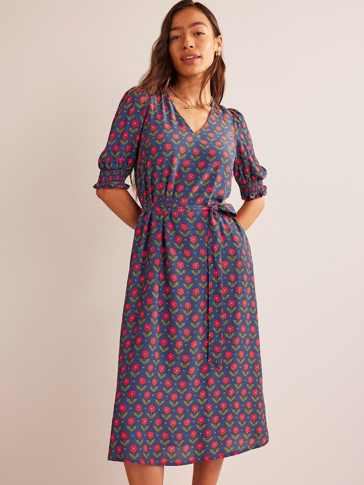 Boden Blue Smock Cuff Crepe Midaxi Dress - Image 1 of 5
