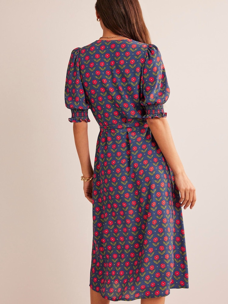 Boden Blue Smock Cuff Crepe Midaxi Dress - Image 2 of 5