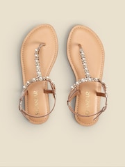 Sosandar Gold Rhinestone Trim Toe Post Leather Flat Sandals - Image 2 of 3