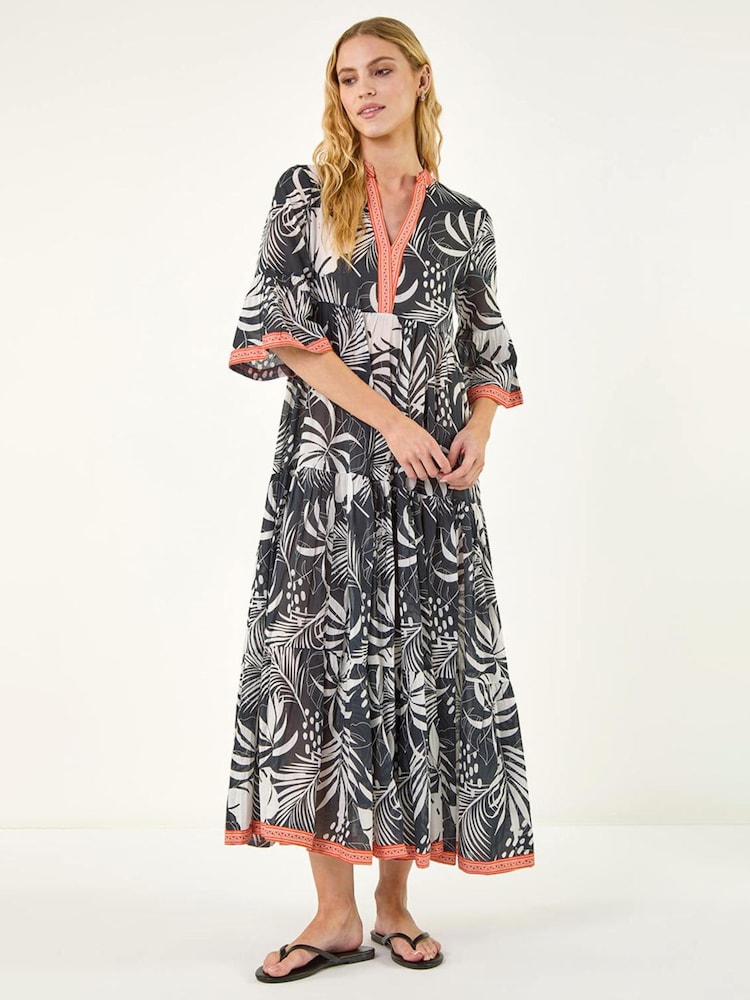 Roman Black Leaf Border Print Maxi Dress - Image 1 of 5
