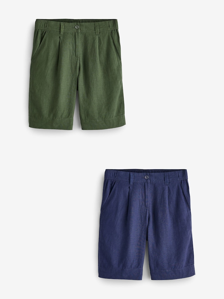 Navy/Khaki Summer Linen Blend Knee Length Shorts 2 Pack - Image 1 of 7