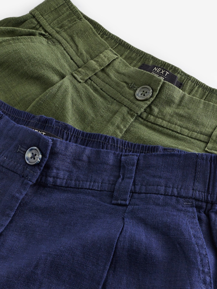 Navy/Khaki Summer Linen Blend Knee Length Shorts 2 Pack - Image 7 of 7