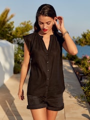 Black Linen Blend Button Down Relaxed Sleeve Top - Image 1 of 6