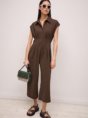 Chocolate Brown Corset Detail Short Sleeve Jumpsuit - Image 1 of 7