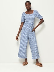 Blue Ikat Print Short Sleeve Tie Front Jumpsuit - Image 1 of 7