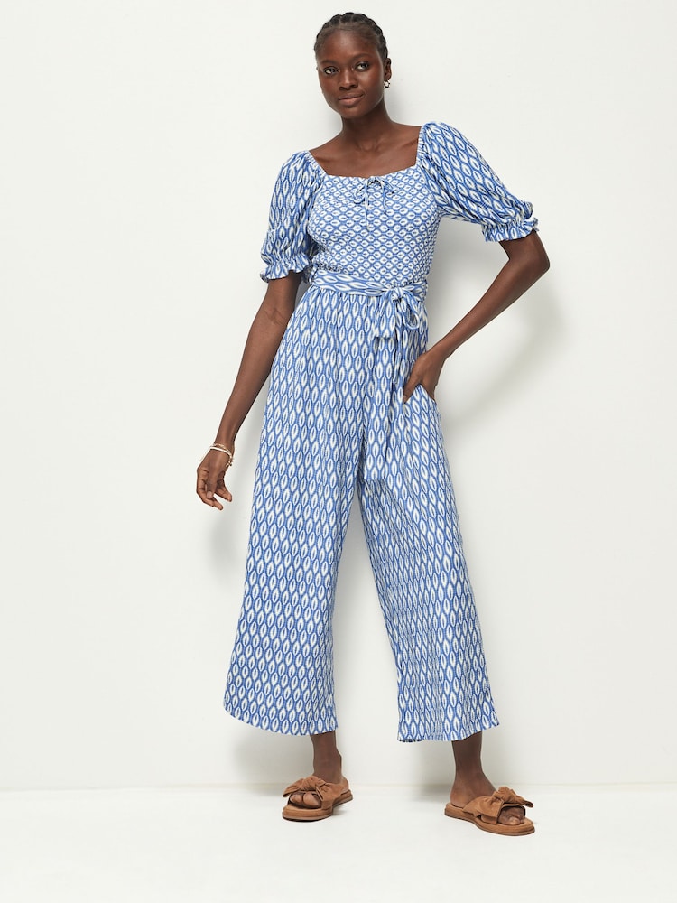 Blue Ikat Print Short Sleeve Tie Front Jumpsuit - Image 1 of 7