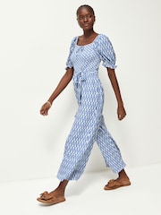 Blue Ikat Print Short Sleeve Tie Front Jumpsuit - Image 2 of 7