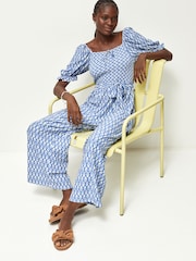 Blue Ikat Print Short Sleeve Tie Front Jumpsuit - Image 3 of 7