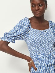 Blue Ikat Print Short Sleeve Tie Front Jumpsuit - Image 5 of 7