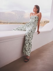 White/Black Floral Pleated Wide Leg Bandeau Jumpsuit - Image 2 of 7