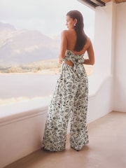 White/Black Floral Pleated Wide Leg Bandeau Jumpsuit - Image 3 of 7