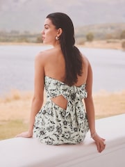 White/Black Floral Pleated Wide Leg Bandeau Jumpsuit - Image 4 of 7