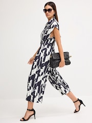 Black and White Printed Corset Detail Short Sleeve Jumpsuit - Image 3 of 7