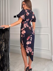 Girl In Mind Navy Floral Natasha Angel Sleeve Wrap Midi Dress - Image 2 of 4