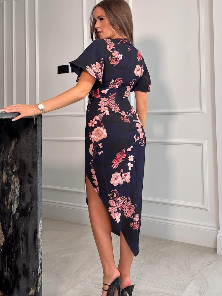 Girl In Mind Navy Floral Natasha Angel Sleeve Wrap Midi Dress - Image 2 of 4