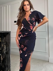 Girl In Mind Navy Floral Natasha Angel Sleeve Wrap Midi Dress - Image 4 of 4