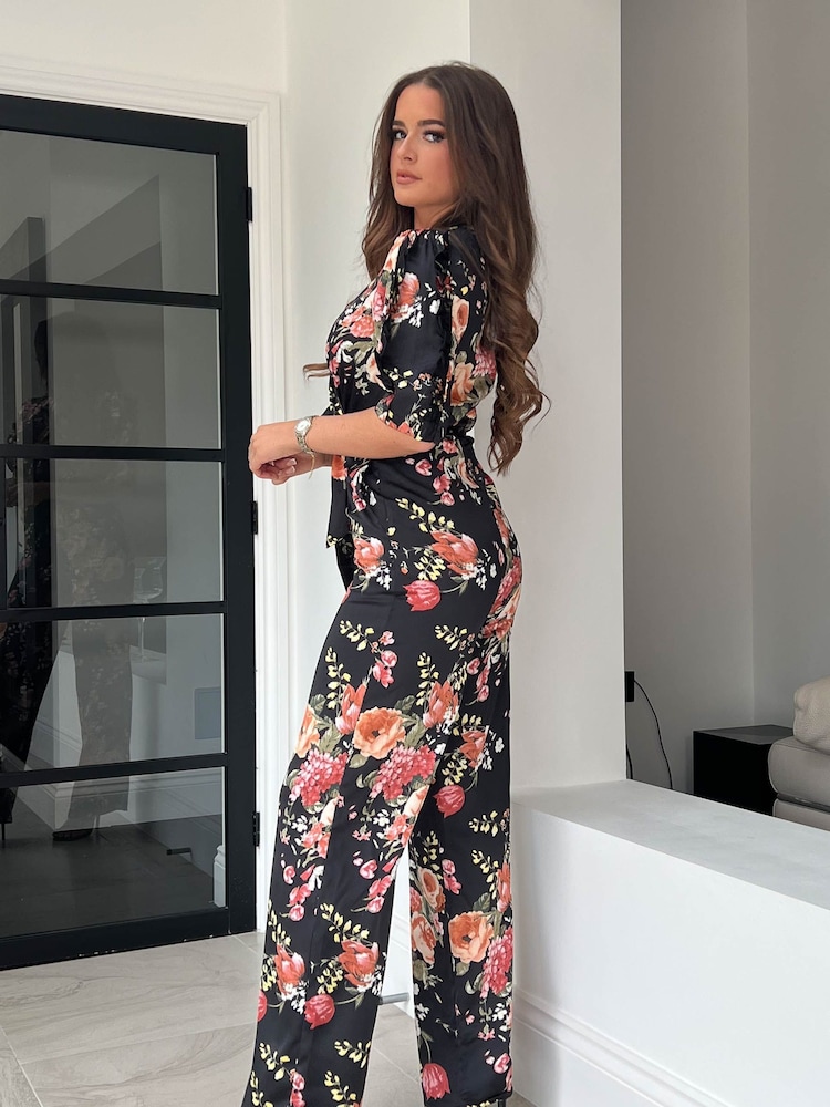 Girl In Mind Black Floral Fizz Puff Sleeve Wide Leg Jumpsuit - Image 2 of 5 Girl In Mind Black Floral Fizz Puff Sleeve Wide Leg Jumpsuit - Image 2 of 5