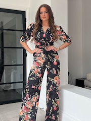 Girl In Mind Black Floral Fizz Puff Sleeve Wide Leg Jumpsuit - Image 3 of 5