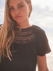 Black Short Sleeve Crochet Bubblehem 100% Cotton Top - Image 1 of 7