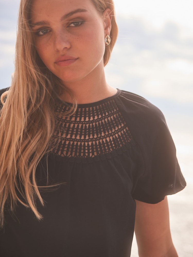 Black Short Sleeve Crochet Bubblehem 100% Cotton Top - Image 1 of 7