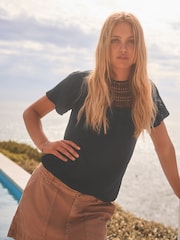 Black Short Sleeve Crochet Bubblehem 100% Cotton Top - Image 2 of 7